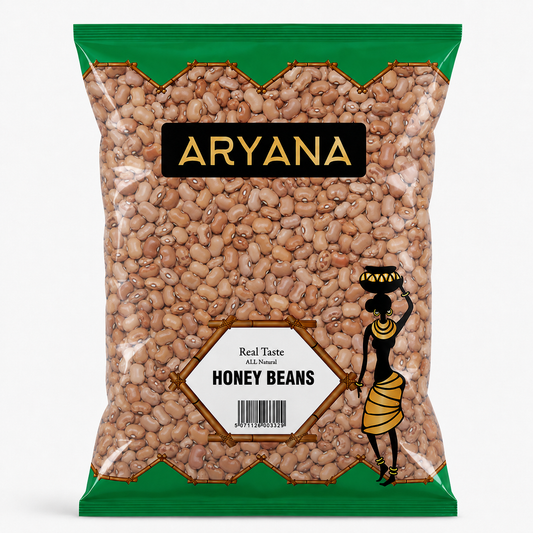 A bag of Aryana Honey Beans on a light gray background. The packaging features a green top and bottom border, a black central label with gold lettering, and a white label with a barcode.